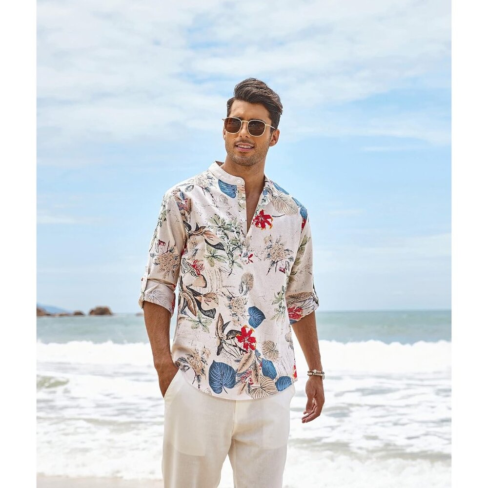 Men's Khaki Floral Cotton Linen Henley T-shirt Long Sleeve Casual Beach Button - Picture 2 of 8